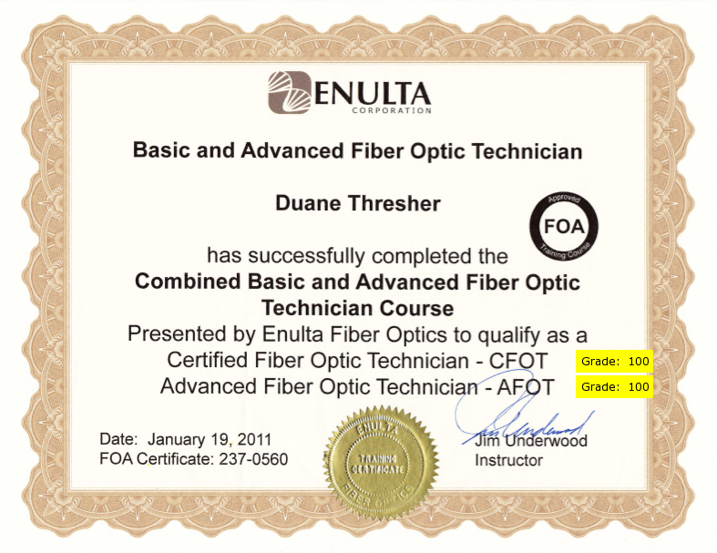 CFOT-AFOT certificate and grades.