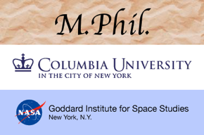 M.Phil., Columbia University logo, NASA GISS logo.