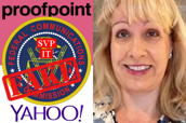 Proofpoint logo, FCC seal, SVP IT, fake, Yahoo logo, Lyn Campbell photo.