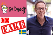 GoDaddy logo, CIO, fake, Swedish flag, gold-chained Arne Josefsberg photo.