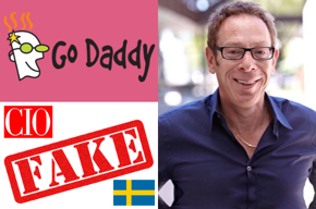 GoDaddy logo, CIO, fake, Swedish flag, gold-chained Arne Josefsberg photo.