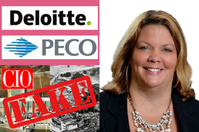 Deloitte logo, PECO logo, CIO, Fake, Peach Bottom nuclear power plant photo, Chernobyl meltdown photo, PECO CIO Kelly Lyman photo.