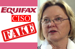 Equifax logo, CISO, fake, Susan Mauldin photo.