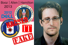 Booz|Allen|Hamilton logo, 2013, NSA seal, 2012, Dell logo, CIA seal, hacked, IT, fake, Edward Snowden photo.