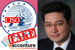 Acccenture logo, Arthur Andersen logo, Enron logo, GSA seal, fake, CISO, Mohammed Berlas photo.