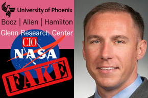 University of Phoenix logo, Booz Allen logo, NASA seal, Glenn Research Center, fake, CIO, Sean Gallagher photo.