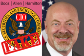 Booz Allen logo, SEC seal, fake, CIO, Chuck Riddle photo.