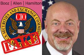 Booz Allen logo, SEC seal, fake, CIO, Chuck Riddle photo.