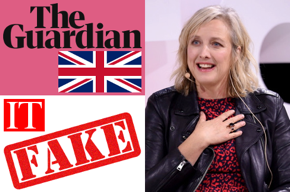 The Guardian logo, UK flag, IT, Fake, Carole Cadwalladr photo.