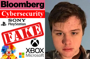 Bloomberg logo, Cybersecurity, Fake, Sony logo, Playstation logo, Xbox logo, Microsoft logo, baby clown photo, William Turton photo.